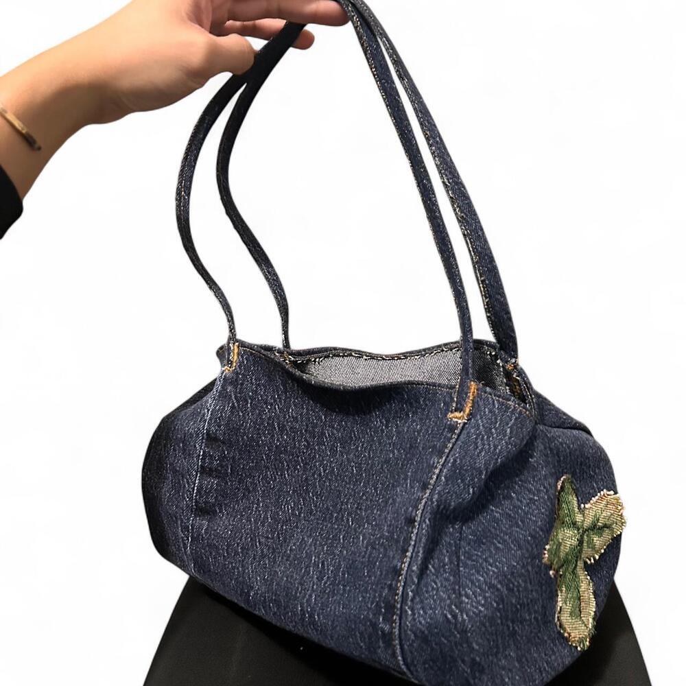 Handmade Navy denim shoulder bag with floral patch